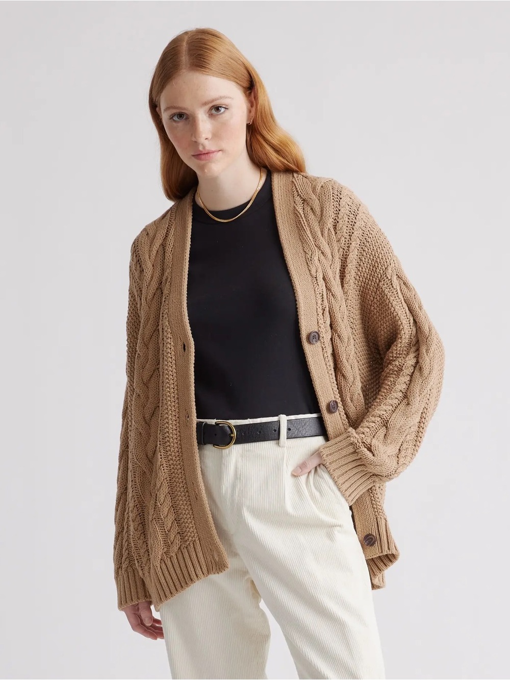 Quince 100% Organic Cotton Oversized Cable Cardigan Camel